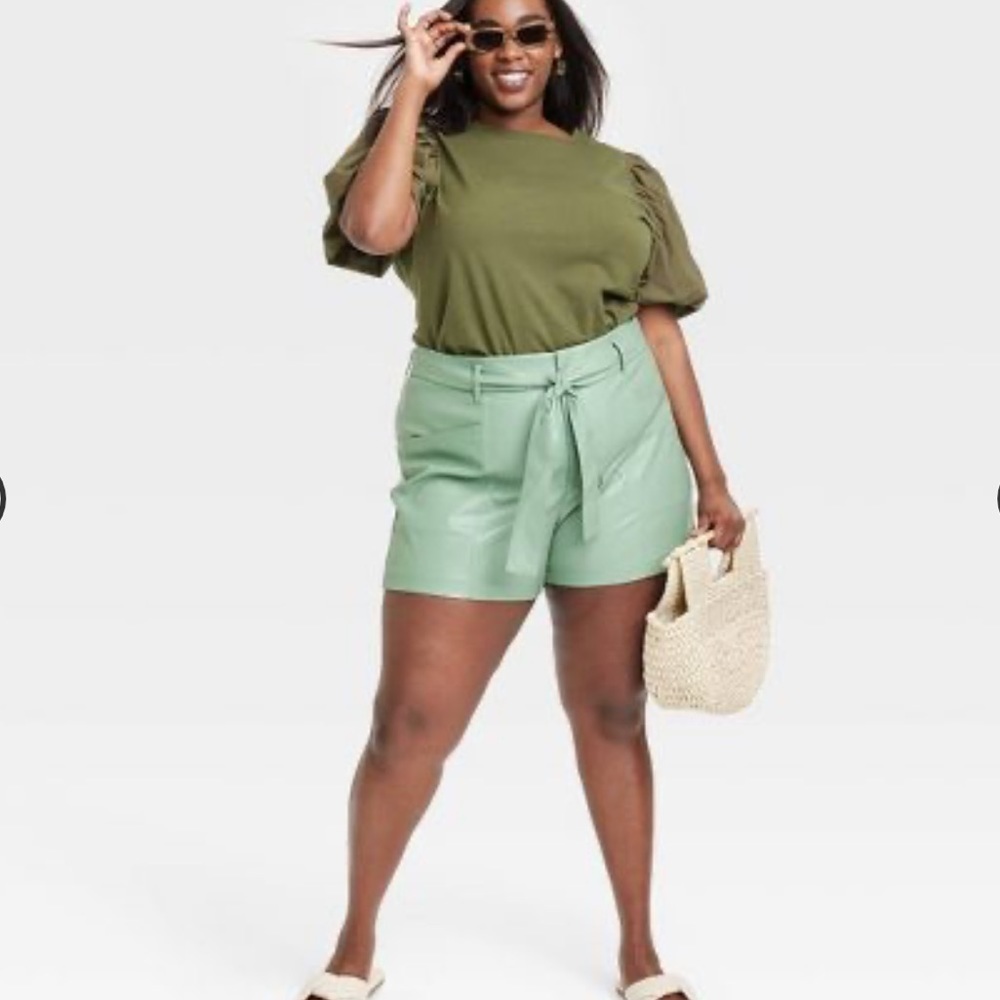 Women's High-Rise Tie-Front Pleather Shorts - A New Day Light Mint Green 22 NWT